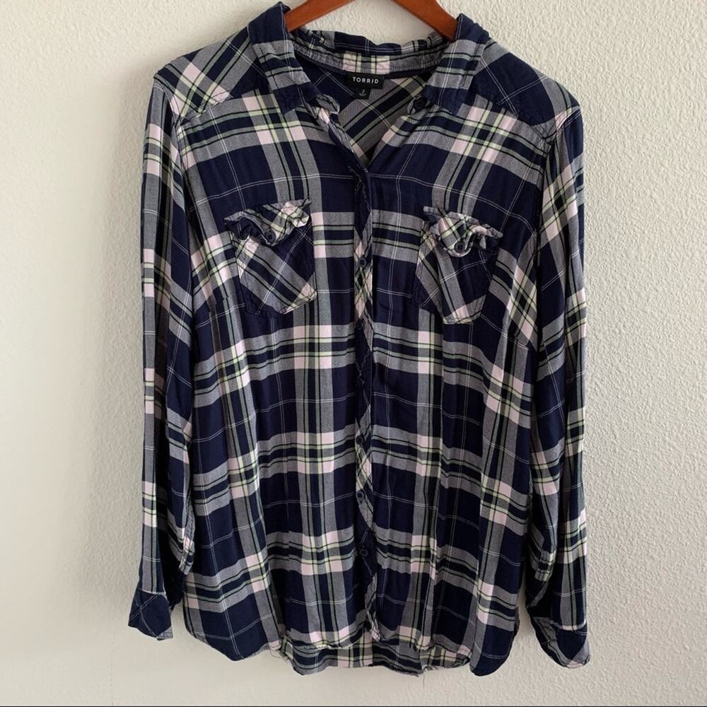 Torrid Taylor Navy Plaid Twill Button Front Slim Fit Shirt 2X